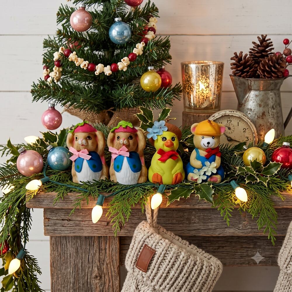 🐻🦆🐭🎄Farmhouse Decor Figurines Animals Mouse Duck Bear Ornaments Bells